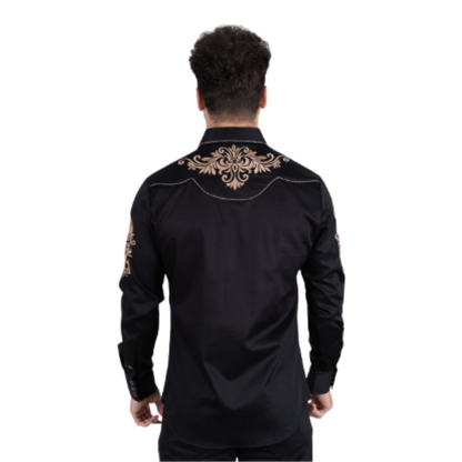 Platini Men's Cotton Embroidery Western Black Shirt