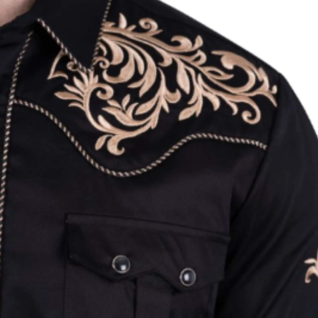 Platini Men's Cotton Embroidery Western Black Shirt
