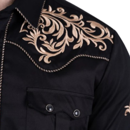 Platini Men's Cotton Embroidery Western Black Shirt