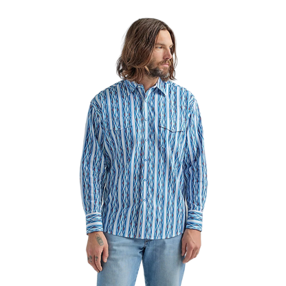 Wrangler Men's Checotah Long Sleeve Western Snap Printed Sea Blue Shirt - Big