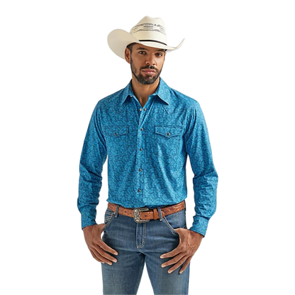 Wrangler Men's 20x Long Sleeve Western Snap Blue Shirt