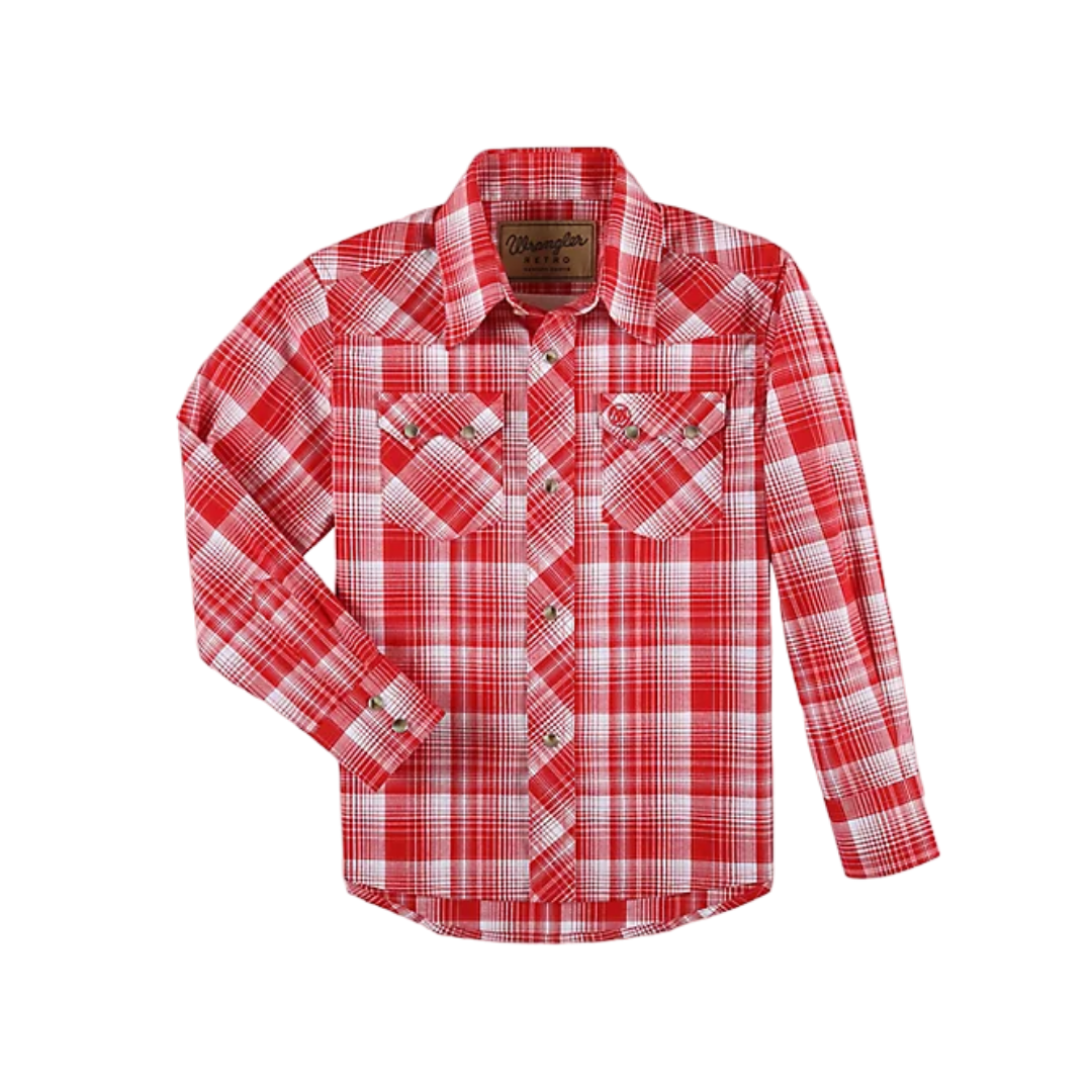 Wrangler Youth Boy's Retro Western Snap Plaid Red Shirt