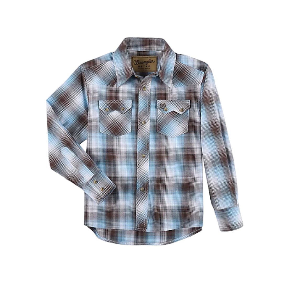 Wrangler Youth Boy's Retro Western Snap Plaid Brown Shirt