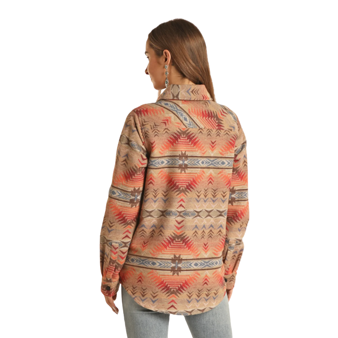 Rock & Roll Denim Ladies Aztec Print Dusty Tan Long Shacket