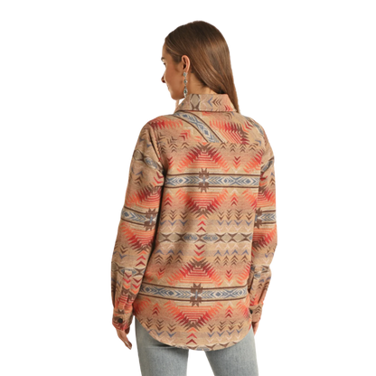 Rock & Roll Denim Ladies Aztec Print Dusty Tan Long Shacket