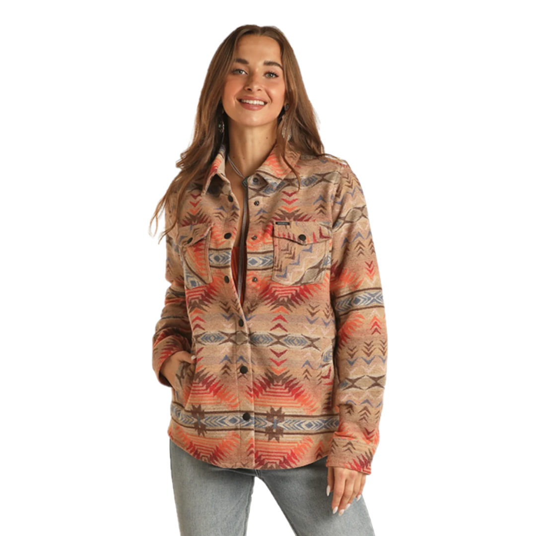 Rock & Roll Denim Ladies Aztec Print Dusty Tan Long Shacket