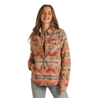 Rock & Roll Denim Ladies Aztec Print Dusty Tan Long Shacket