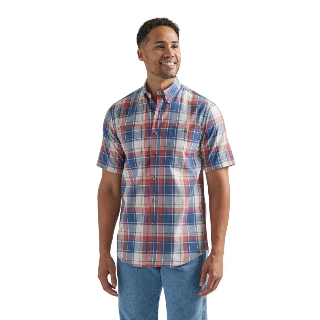 Wrangler Men's Rugged Wear Plaid Button Down Red & Blue Shirt