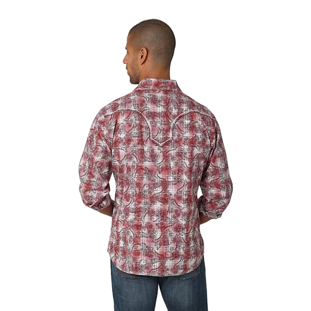 Wrangler Men's Rock 47 Long Sleeve Western Snaps Overprint Red Shirt