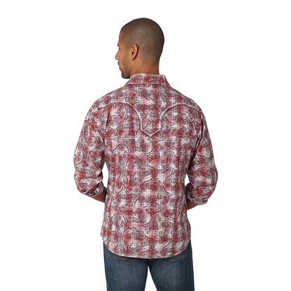 Wrangler Men's Rock 47 Long Sleeve Western Snaps Overprint Red Shirt