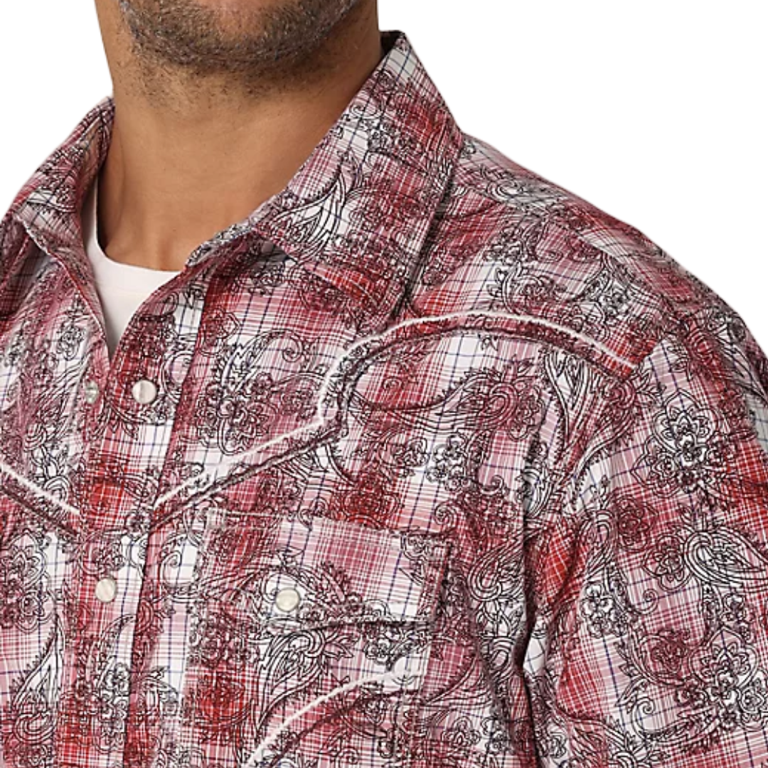 Wrangler Men's Rock 47 Long Sleeve Western Snaps Overprint Red Shirt