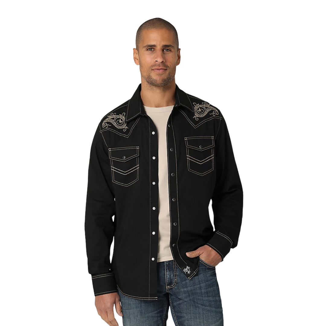 Wrangler Men's Rock 47 Long Sleeve Embroidered Solid Black Shirt