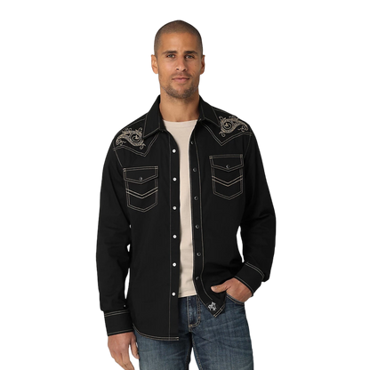 Wrangler Men's Rock 47 Long Sleeve Embroidered Solid Black Shirt