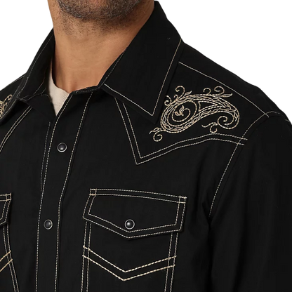 Wrangler Men's Rock 47 Long Sleeve Embroidered Solid Black Shirt