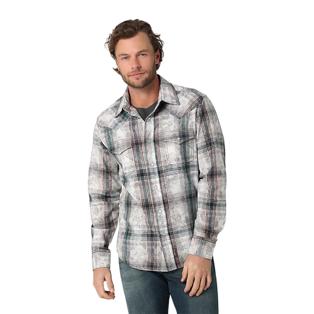 Wrangler Men's Retro Premium Long Sleeve White Gray Shirt