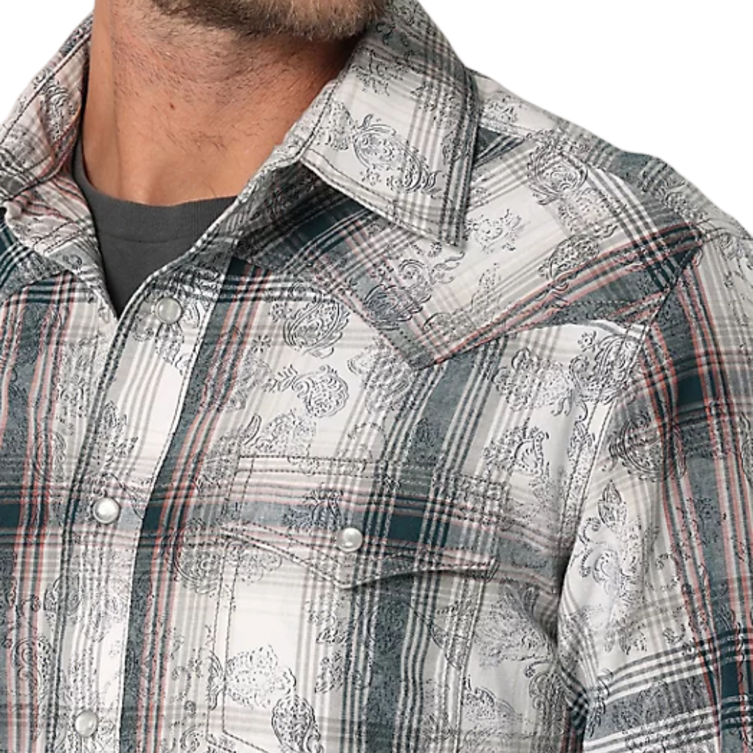Wrangler Men's Retro Premium Long Sleeve White Gray Shirt