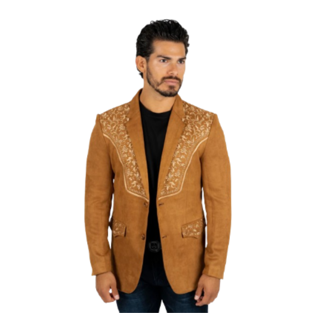 Platini Men's Camel Embroidered Suede Blazer