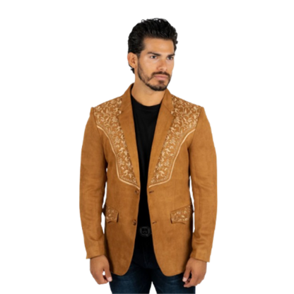 Platini Men's Camel Embroidered Suede Blazer