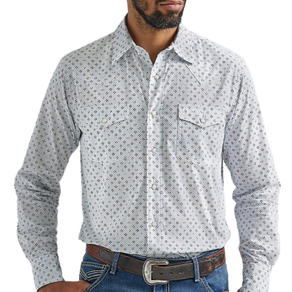 Wrangler Men's Competition Advanced Comfort Snap White and Blue Print Shirt