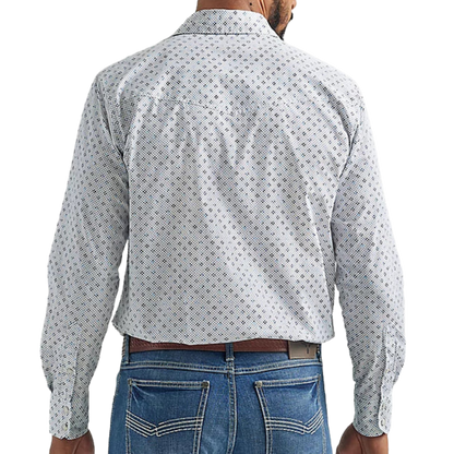 Wrangler Men's Competition Advanced Comfort Snap White and Blue Print Shirt