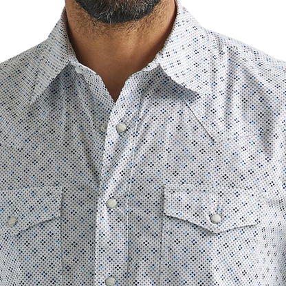 Wrangler Men's Competition Advanced Comfort Snap White and Blue Print Shirt
