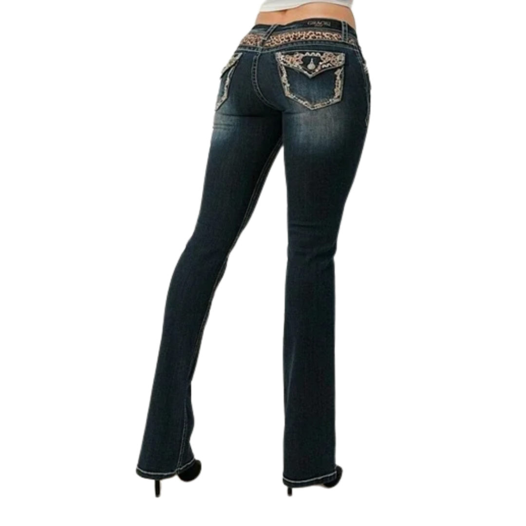 Grace In LA Women's Leopard Embellished Flap Pockets Jeans