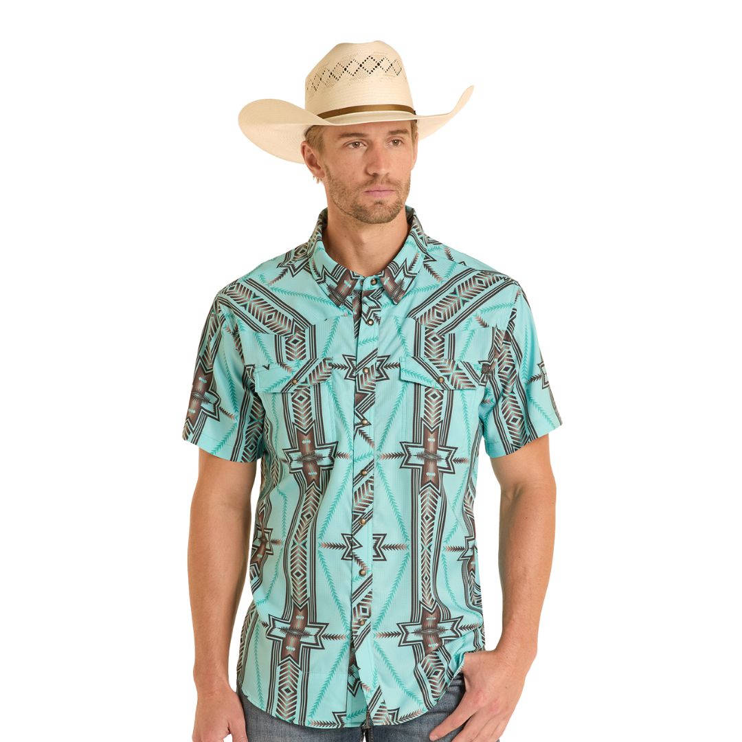 Rock & Roll Men's Aztec Print Ripstop Aqua Shirt
