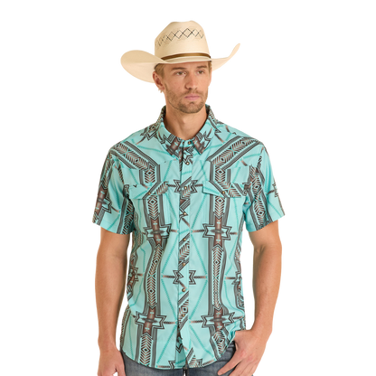 Rock & Roll Men's Aztec Print Ripstop Aqua Shirt