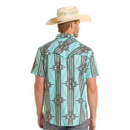 Rock & Roll Men's Aztec Print Ripstop Aqua Shirt