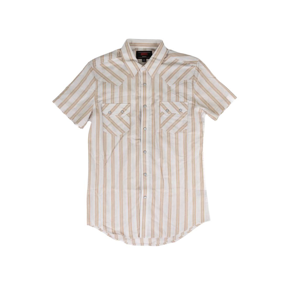 Rock & Roll Men's Linen Blend Yard Dye Stripe Tan Shirt
