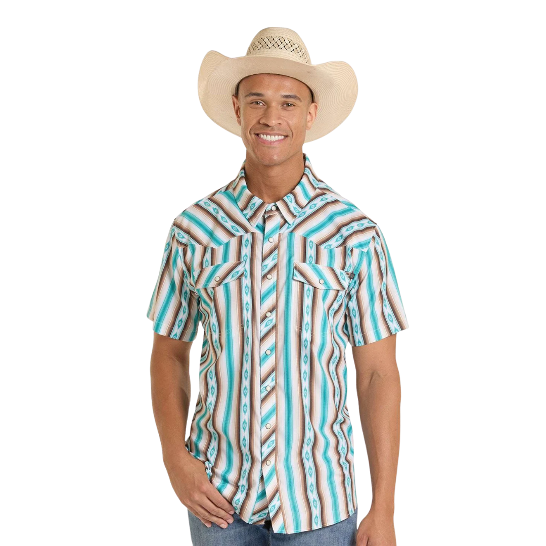 Rock & Roll Men's Aztec Stripe Print Blue Shirt