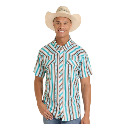 Rock & Roll Men's Aztec Stripe Print Blue Shirt