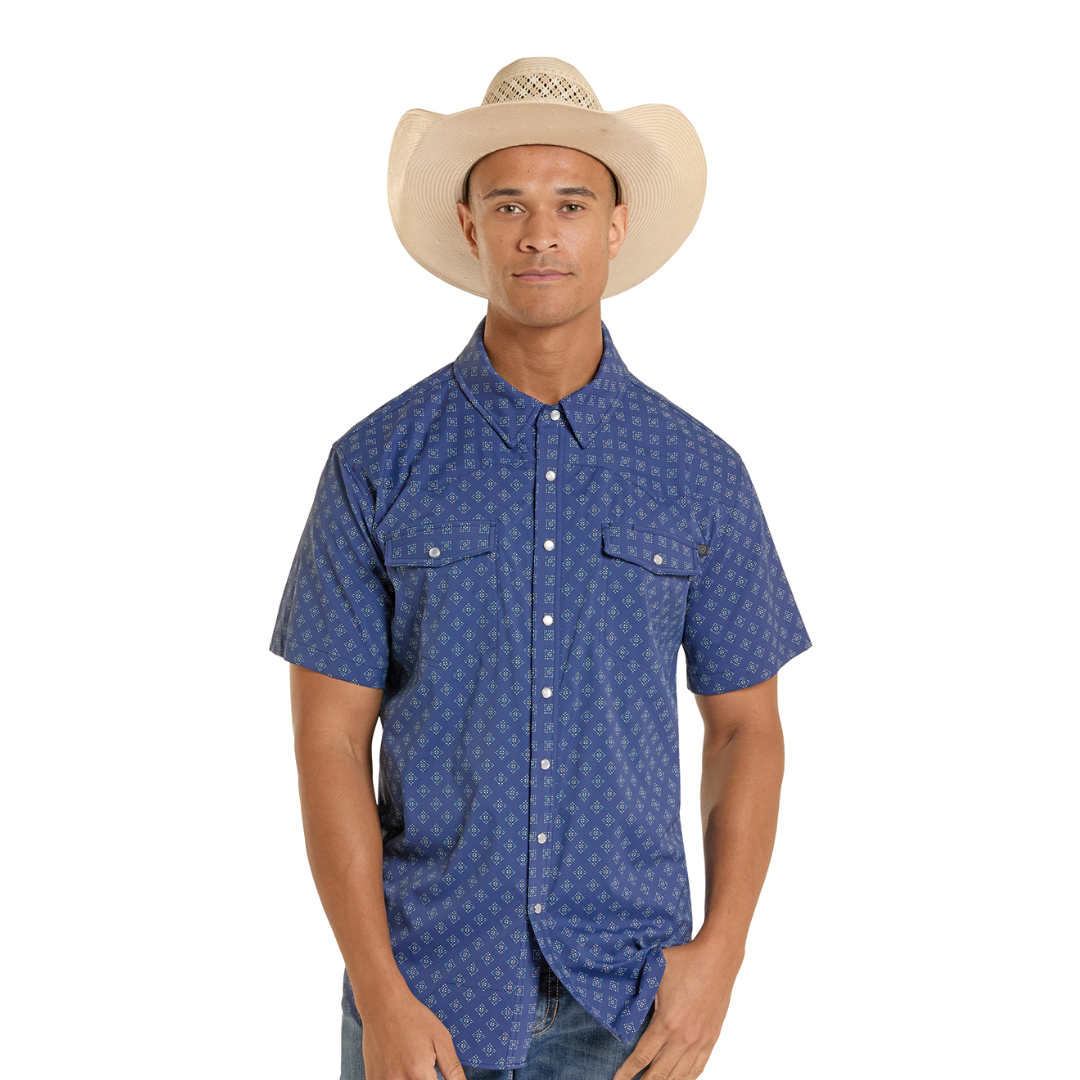 Rock & Roll Men's Southwestern Diamond Print Blue Shirt