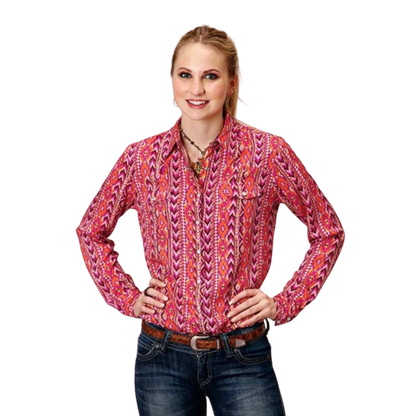 Roper Women's Retro Aztec Printed Western Pink Blouse