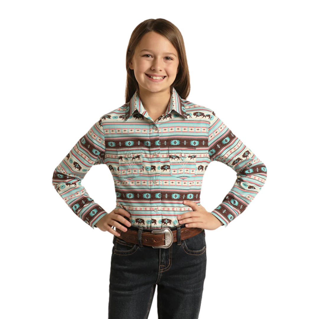 Panhandle Youth Girl's Western Snap Aquamarine Shirt