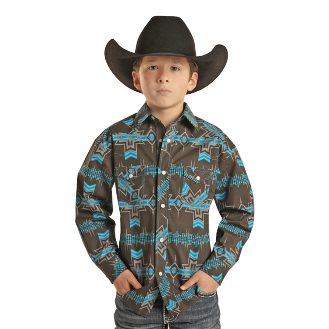 Panhandle Slim Youth Boy's Aztec Snap Blue Shirt
