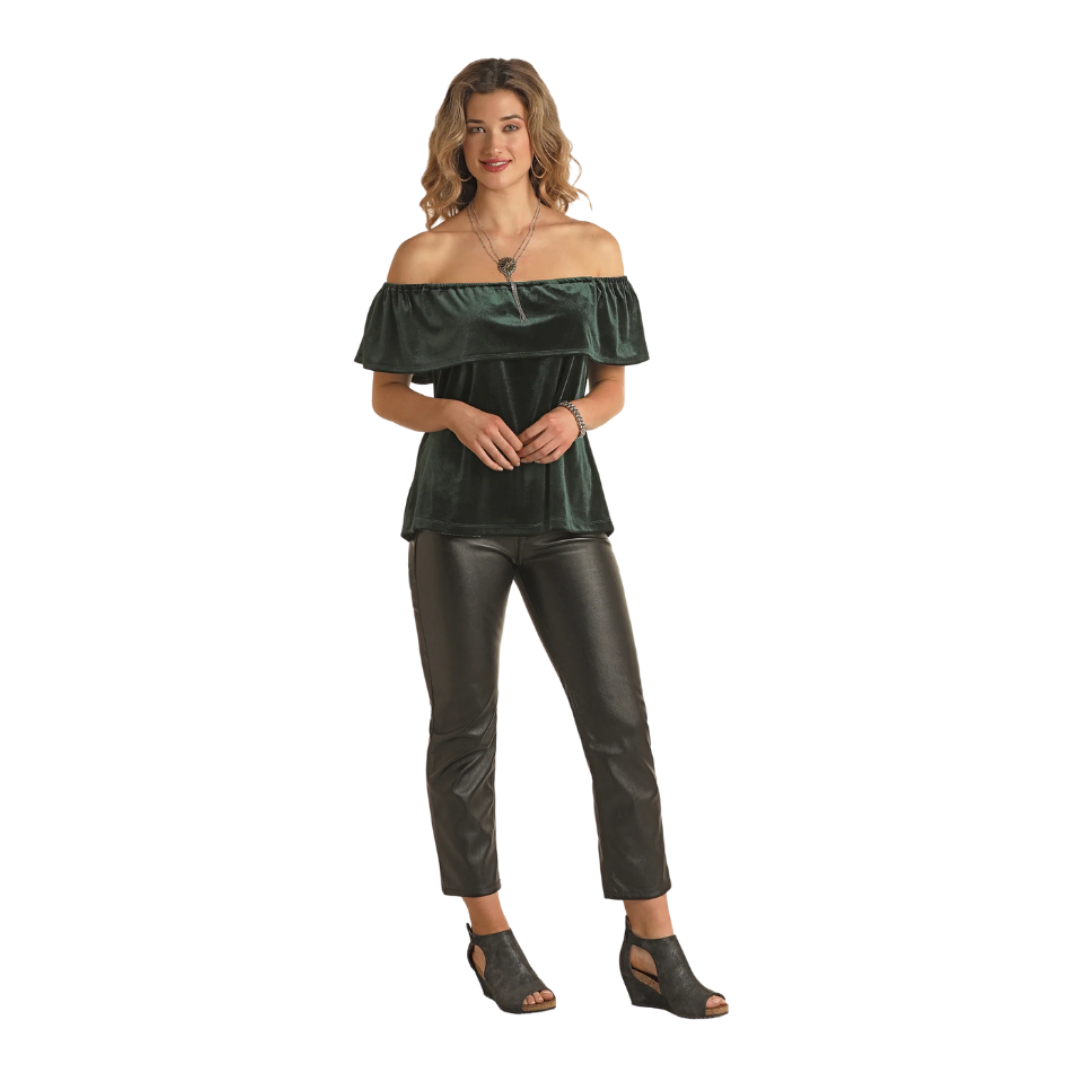 Panhandle Slim Women's Label Off Shoulder Green Shirt