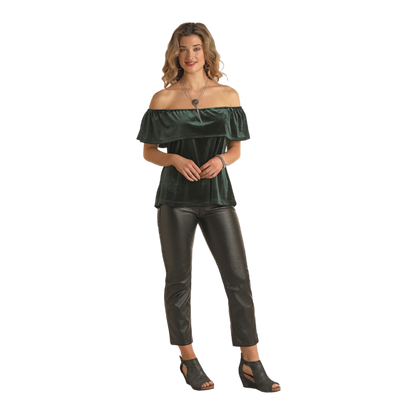 Panhandle Slim Women's Label Off Shoulder Green Shirt