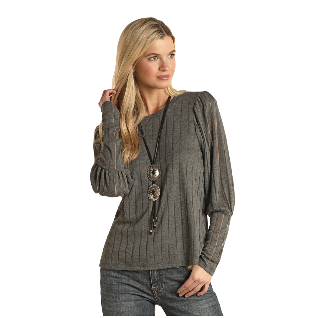 Panhandle Slim Women's Grey Stripe Knit Puff Sleeve Top