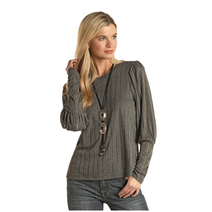 Panhandle Slim Women's Grey Stripe Knit Puff Sleeve Top
