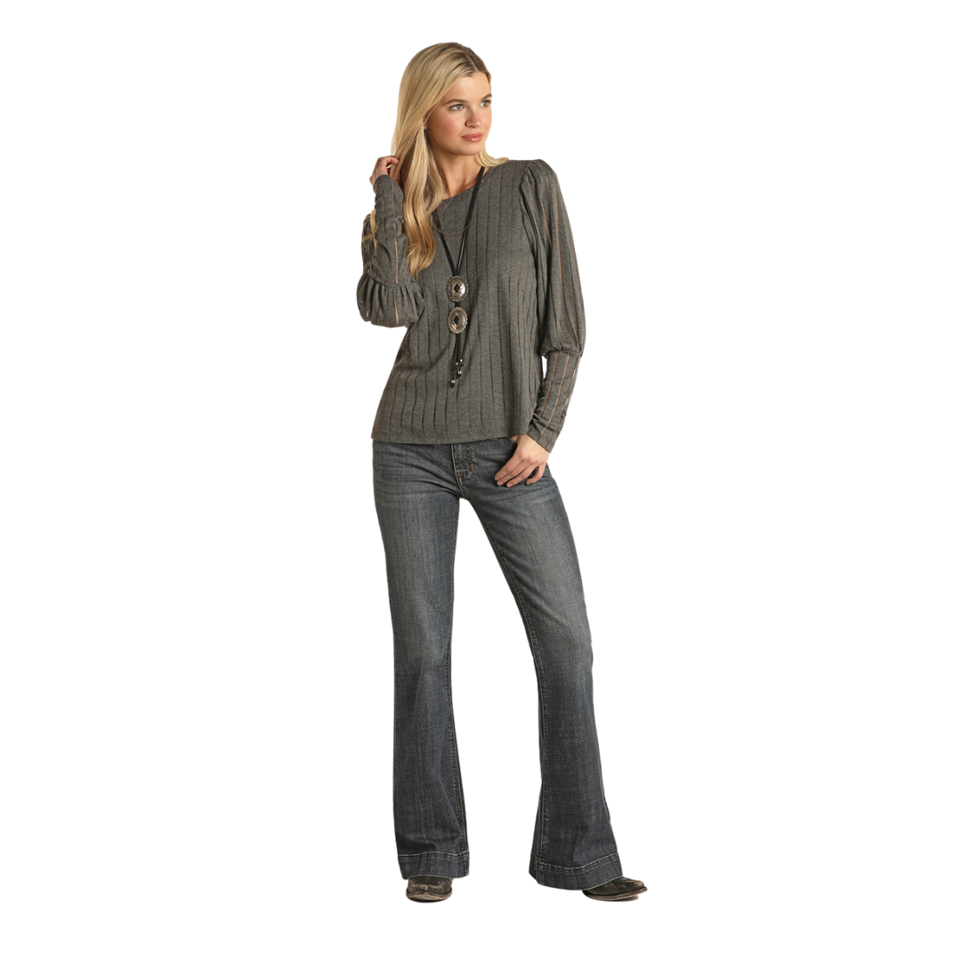 Panhandle Slim Women's Grey Stripe Knit Puff Sleeve Top