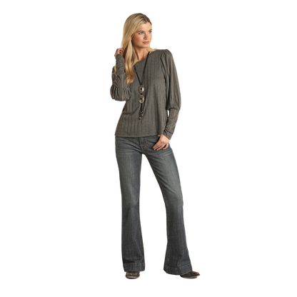 Panhandle Slim Women's Grey Stripe Knit Puff Sleeve Top