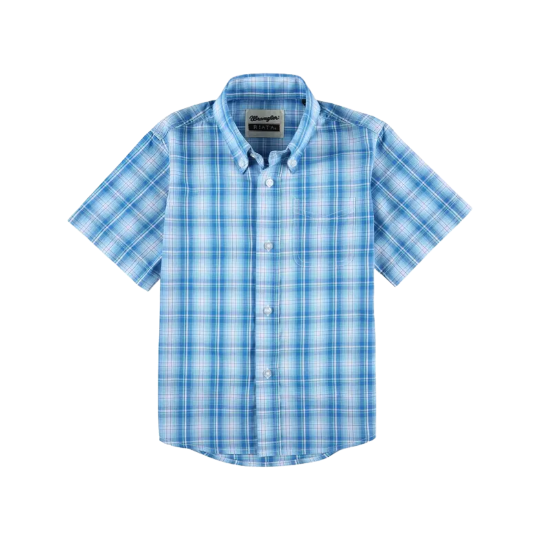 Wrangler Youth Boy's Riata Short Sleeve Button Blue Shirt
