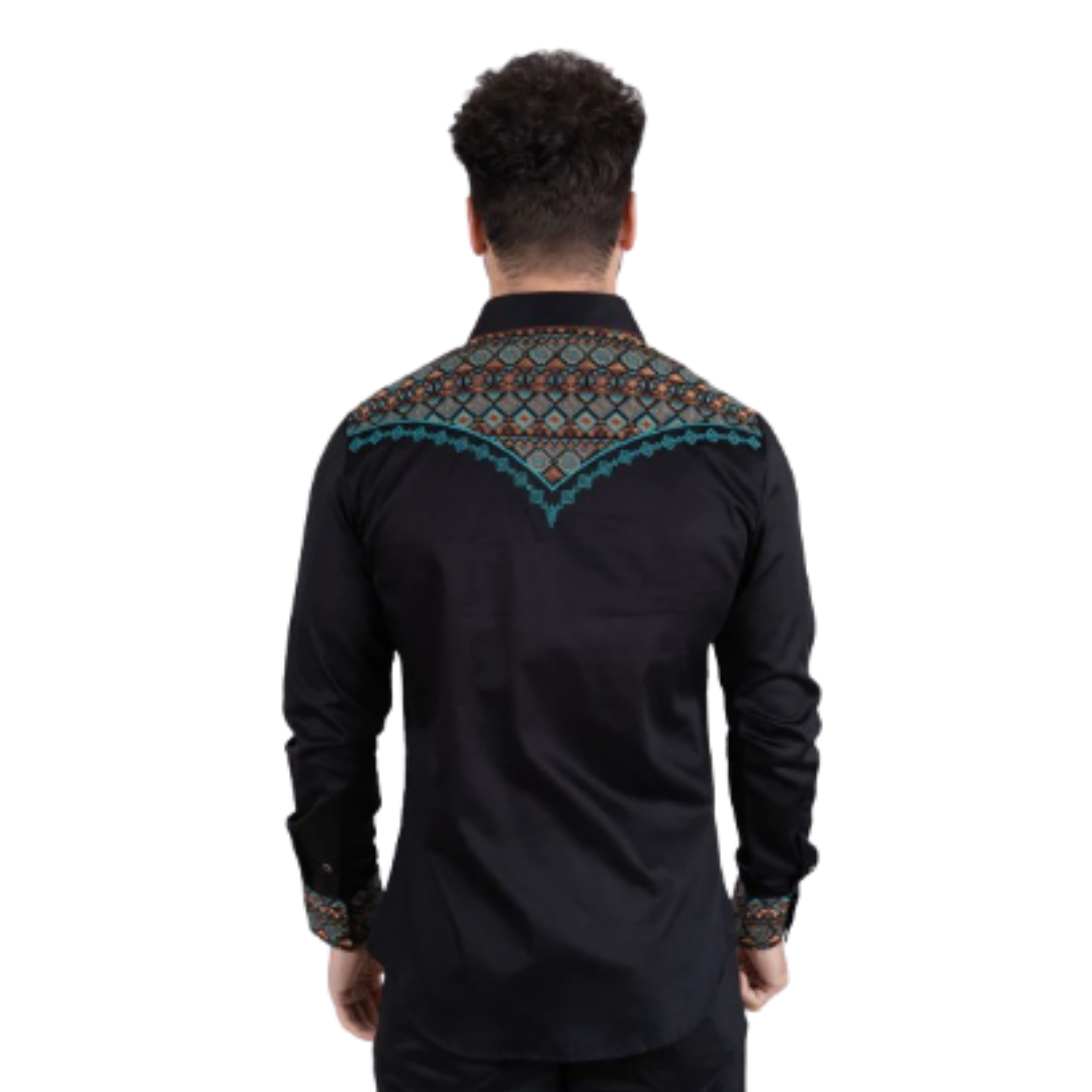 Platini Men's Cotton Black Embroidery Multicolor Shirt