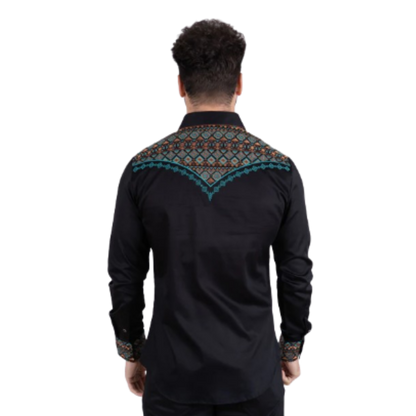 Platini Men's Cotton Black Embroidery Multicolor Shirt