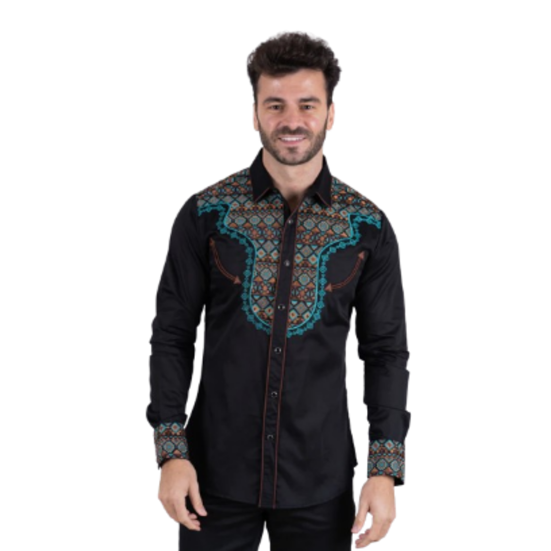 Platini Men's Cotton Black Embroidery Multicolor Shirt