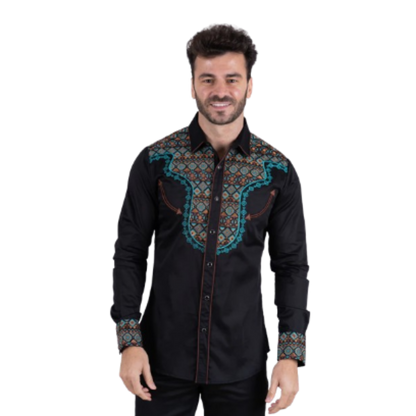 Platini Men's Cotton Black Embroidery Multicolor Shirt