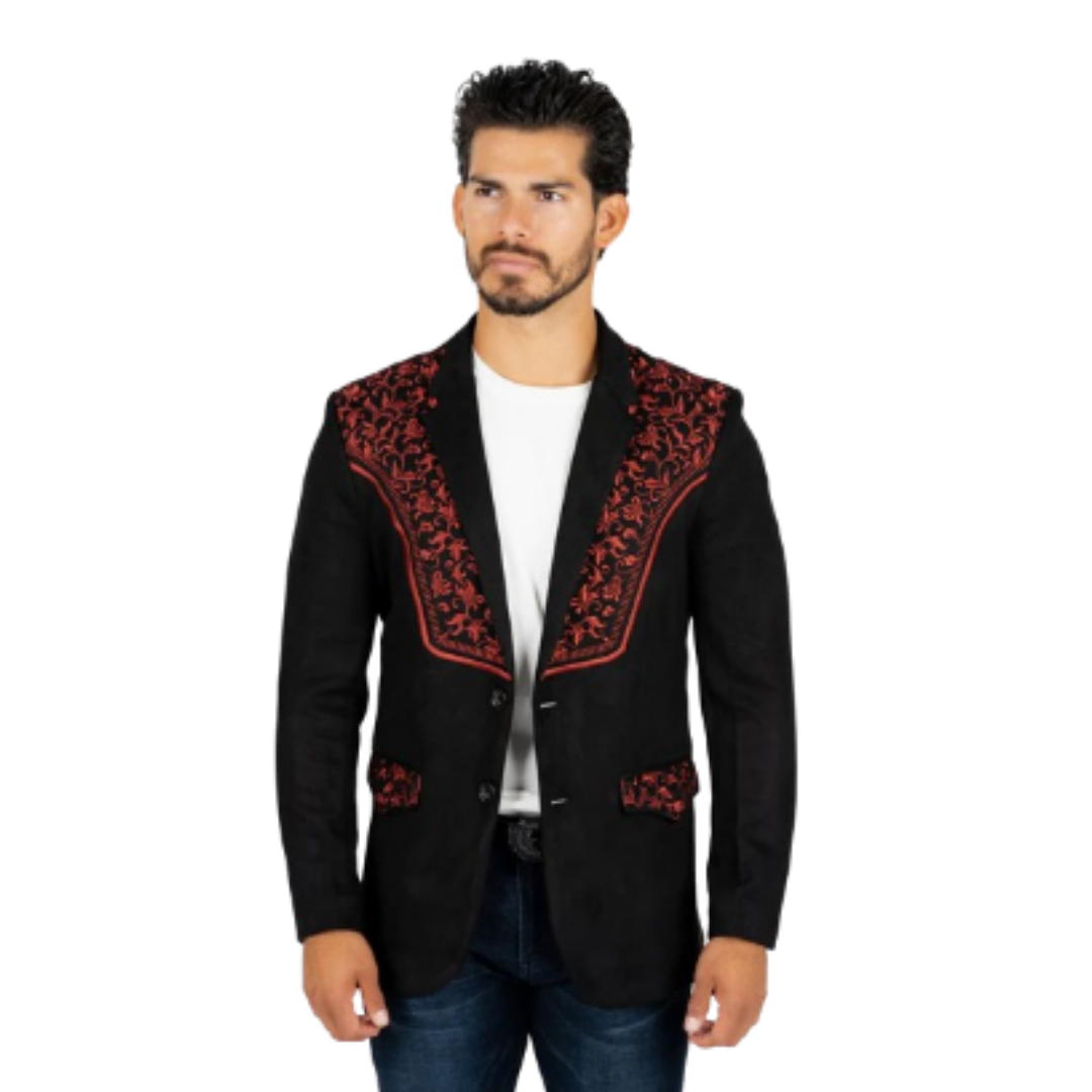 Platini Men's Black/Burgundy Embroidered Suede Blazer Suits