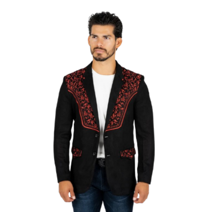 Platini Men's Black/Burgundy Embroidered Suede Blazer Suits