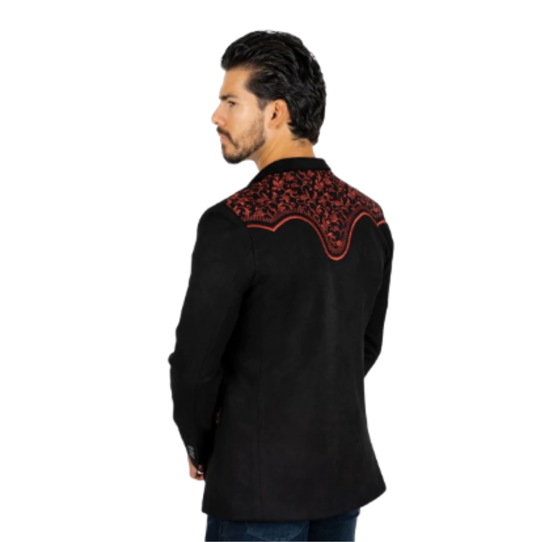 Platini Men's Black/Burgundy Embroidered Suede Blazer Suits